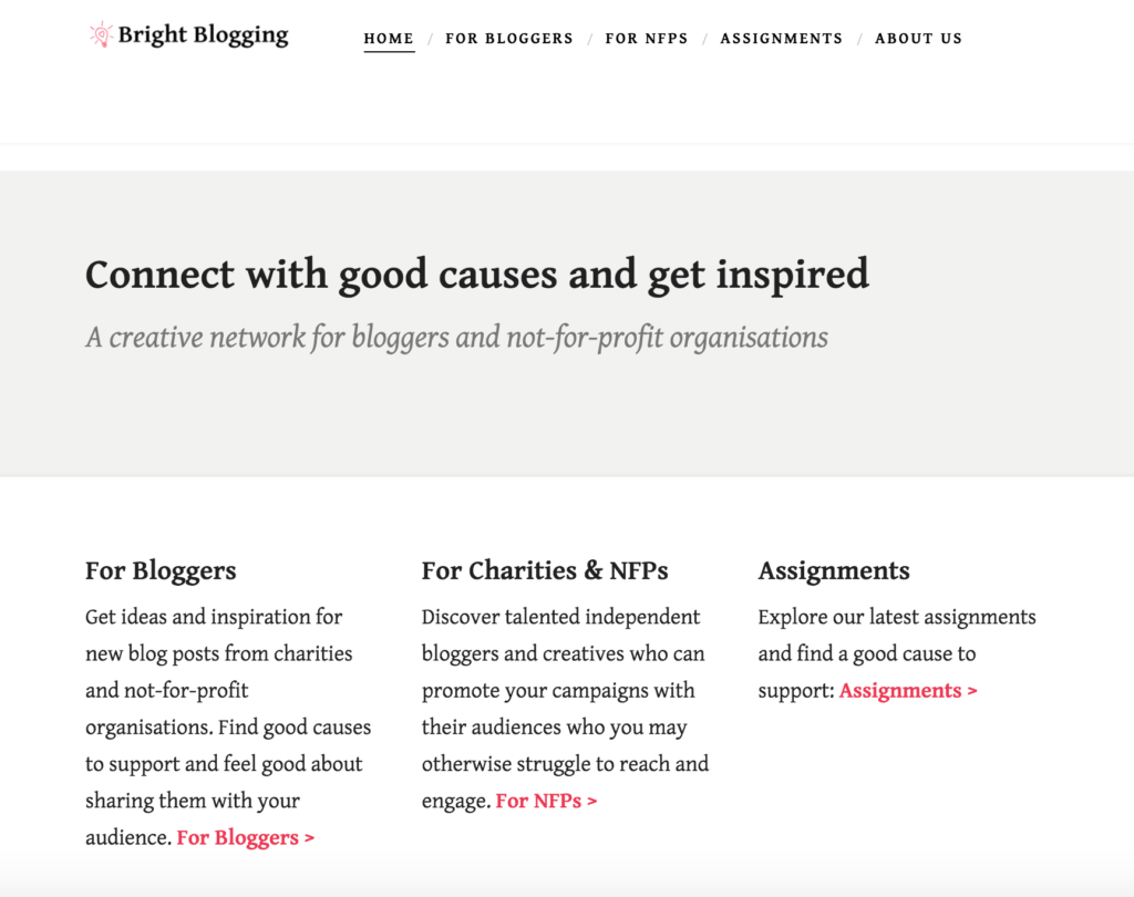 Screen shot of Bright Blogging homepage